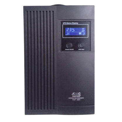 A black Paritec PUP-3000 UPS inverter with a digital status display screen and two control buttons on the front panel, set against a plain white background.