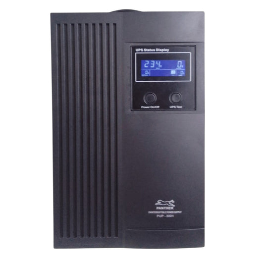 A black Paritec PUP-3000 UPS inverter with a digital status display screen and two control buttons on the front panel, set against a plain white background.