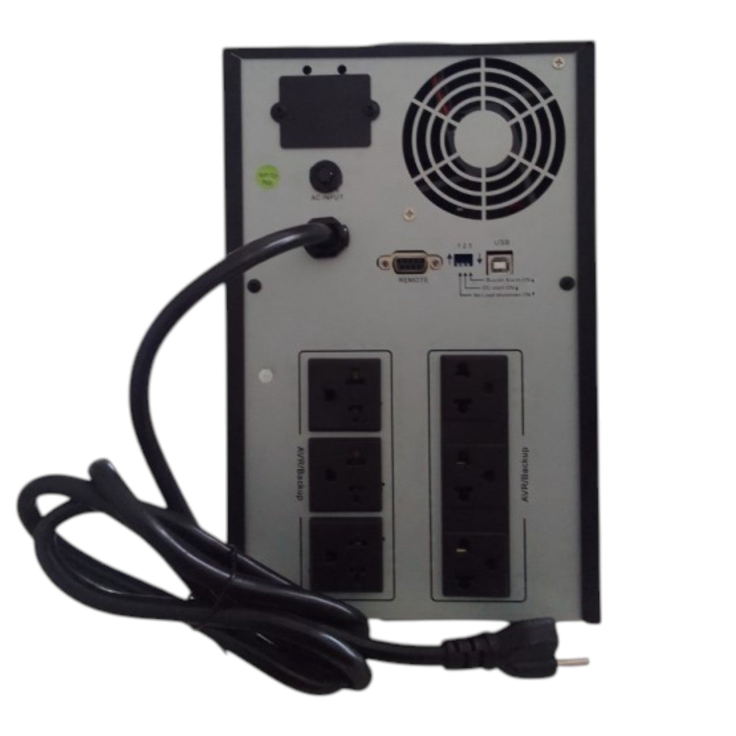 A black and gray power supply or UPS rear panel with multiple AC outlets, a cooling fan, a USB port, and a coiled black power cord on a white background.