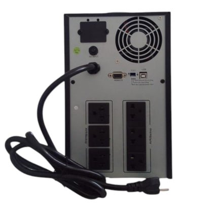 A black and gray power supply or UPS rear panel with multiple AC outlets, a cooling fan, a USB port, and a coiled black power cord on a white background.