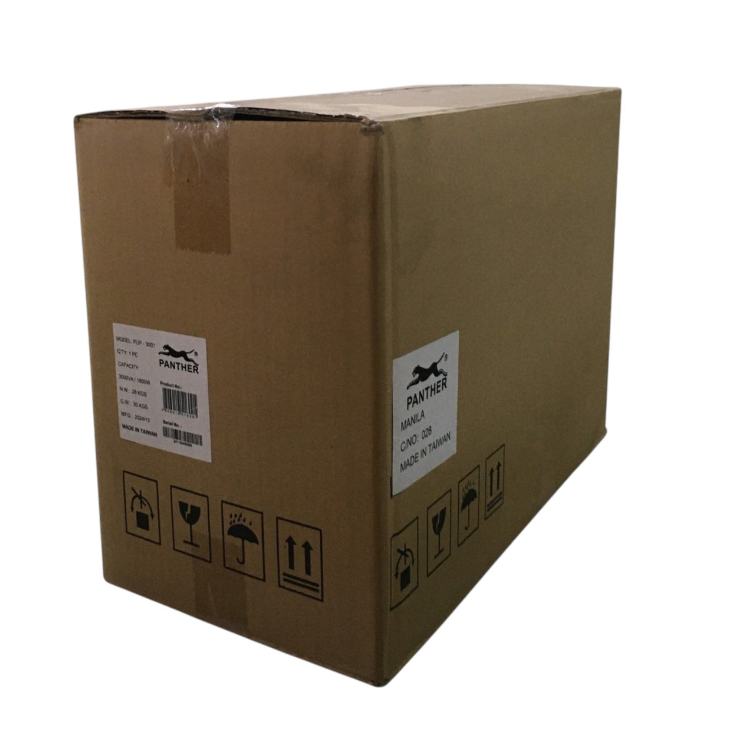 A large brown cardboard shipping box with white Pantera brand labels and black handling icons, photographed on a plain white background.