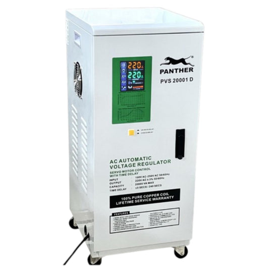 A white AC automatic voltage regulator power supply unit with a digital display screen, black wheels, and the Panther brand logo on the front panel.