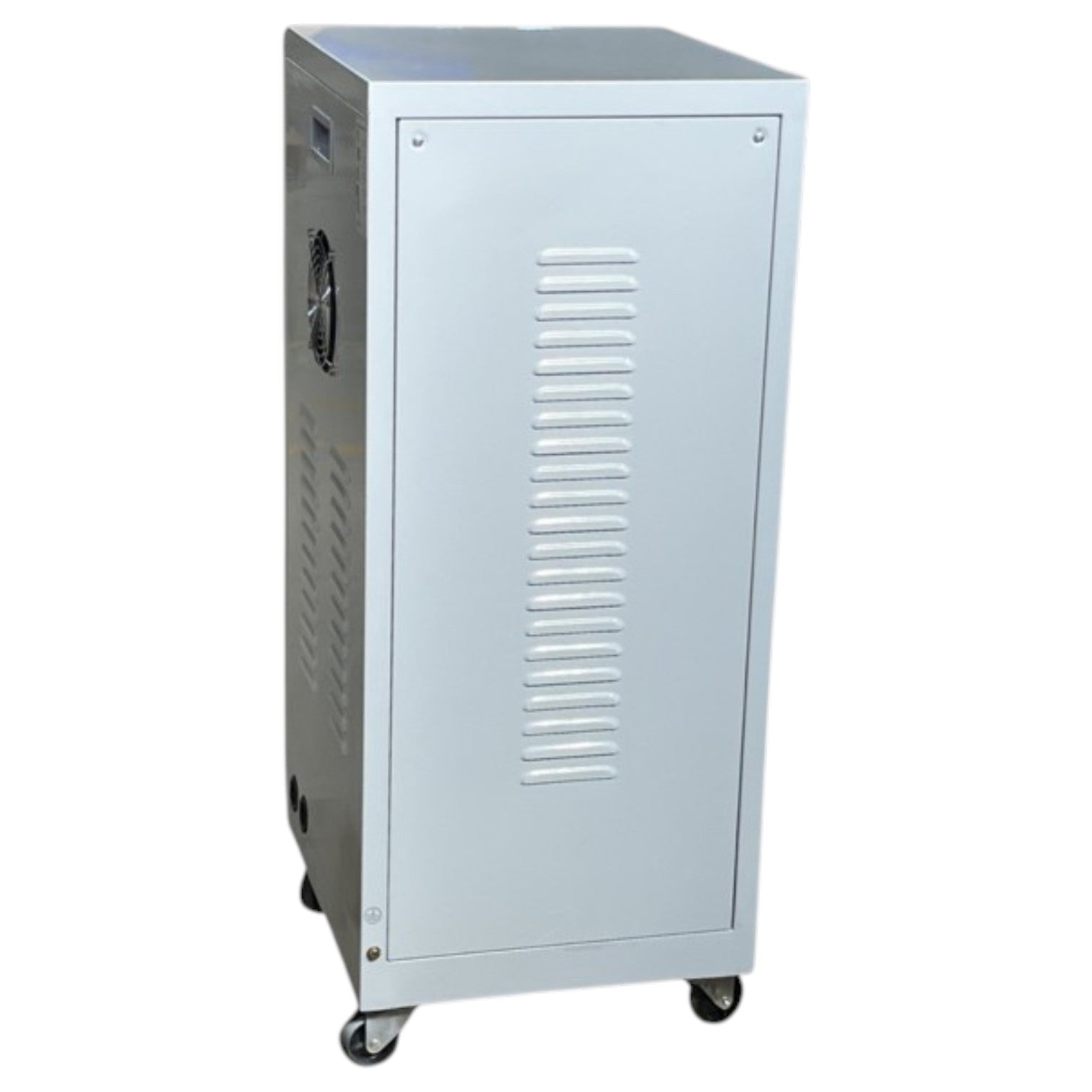 A tall, silver-gray metal industrial cabinet on casters, featuring a vented front door and side panel, isolated on a white background.