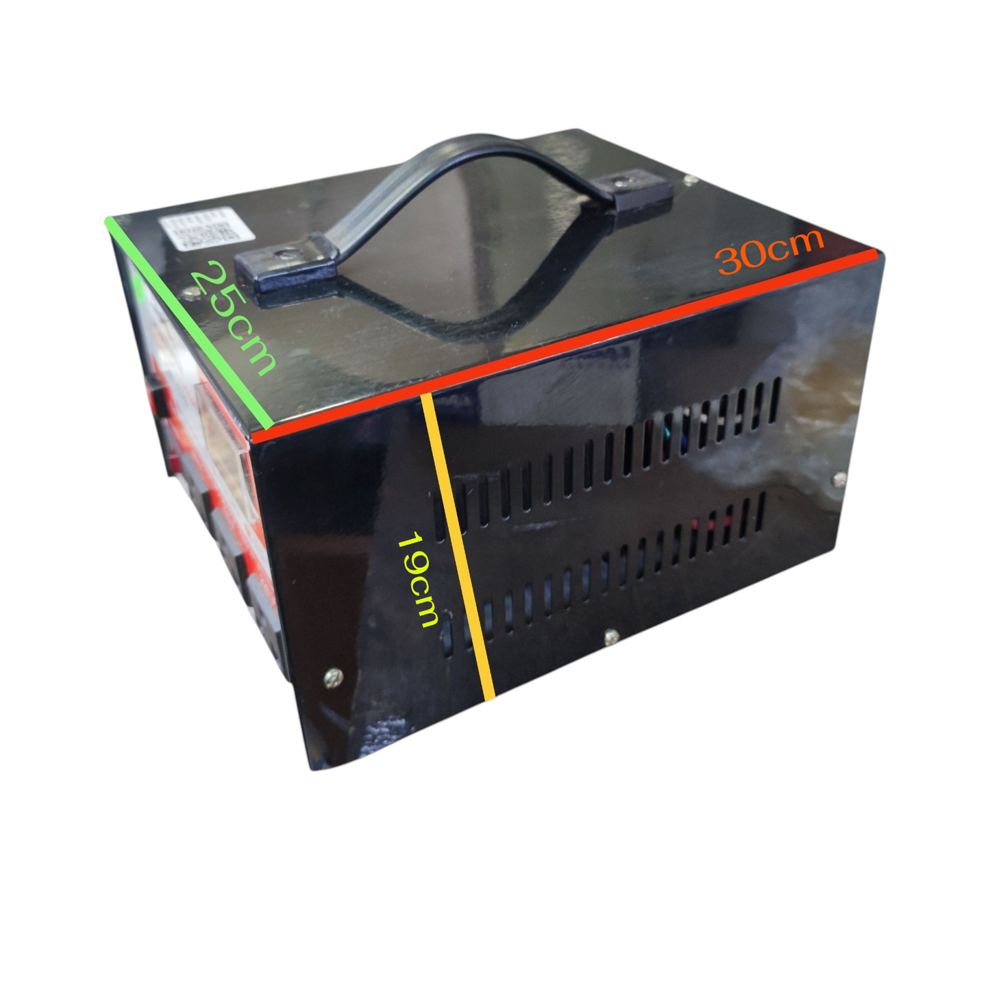A black rectangular metal box with a carrying handle, shown at an angle on a white background. The box has ventilation slots on the front, colorful dimension markings (green, yellow, orange, and red), and a small label on the top left.