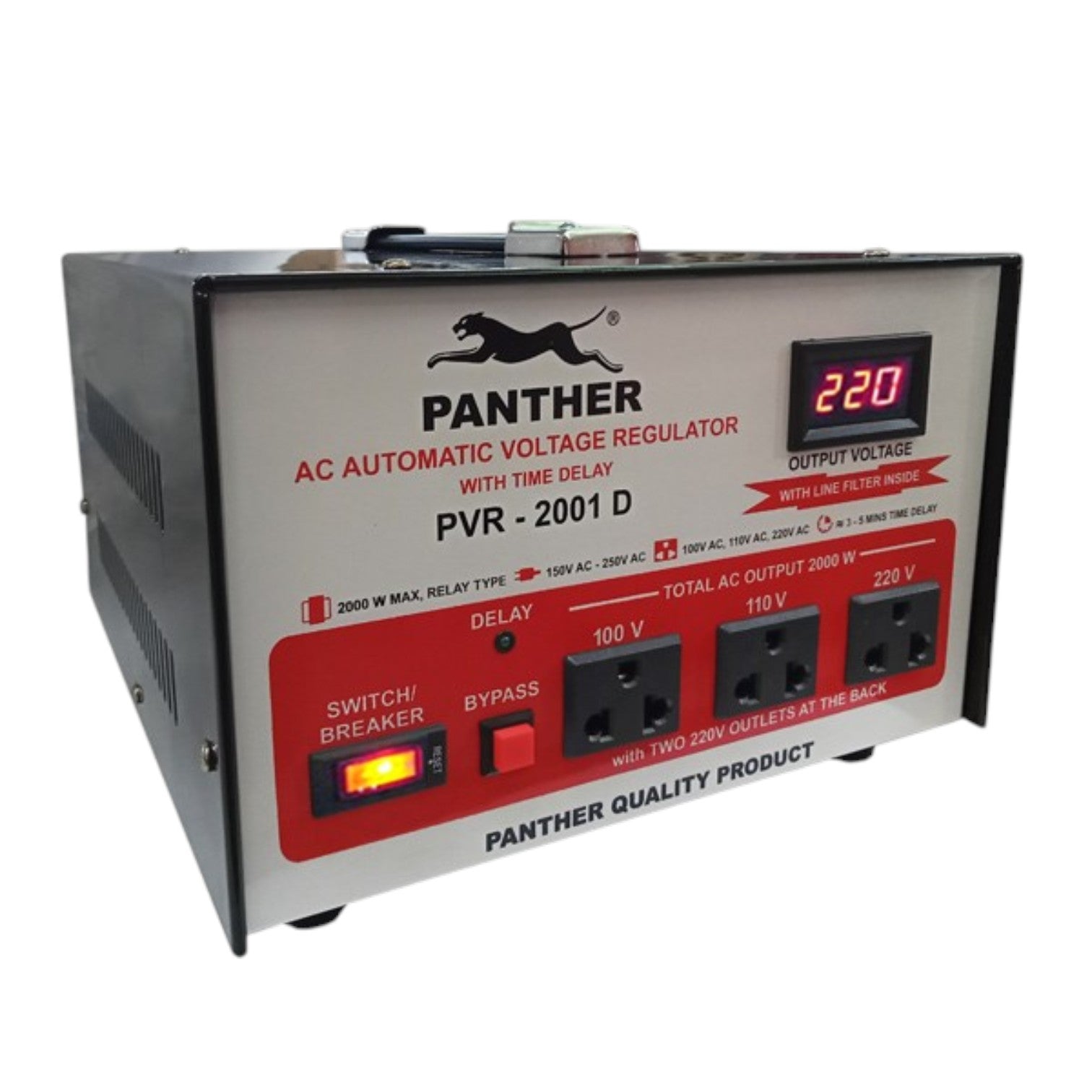 Panther PVR-2001D AC Automatic Voltage Regulator power supply unit with digital readout and multiple front outlets, shown on a plain white background.