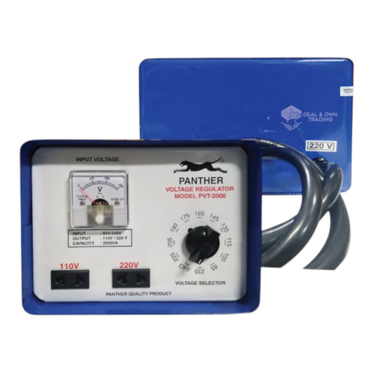 A Panther Voltage Regulator Model PVT-2000 with a blue metal casing, white front panel, analog voltmeter, rotary voltage selector, and attached black cable, shown in front of its blue retail box on a white background.