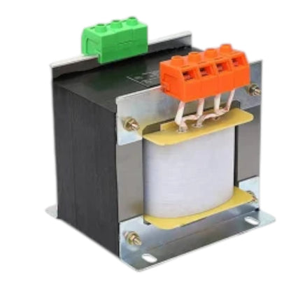 A small electrical transformer with a black core, silver metal casing, a white winding, an orange terminal block, and a green terminal block on a white background.
