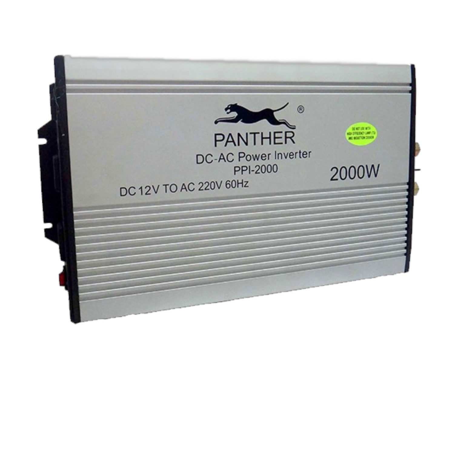 A silver aluminum DC-AC power inverter with black side panels and a black Panther logo on the front, labeled 2000W.