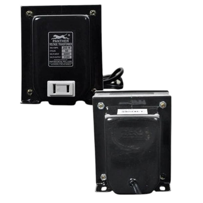 Two black Panther volume transformers shown from different angles on a white background, one displaying the front panel with a silver terminal and the other showing the back with screw terminals.
