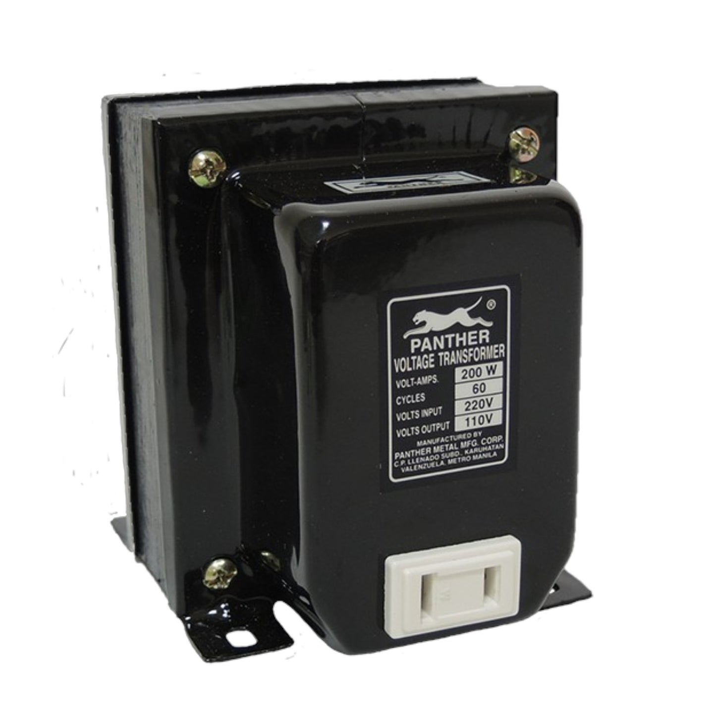 A black Panther Voltage Transformer with a white plastic connector block and a black label showing specifications, photographed on a white background.