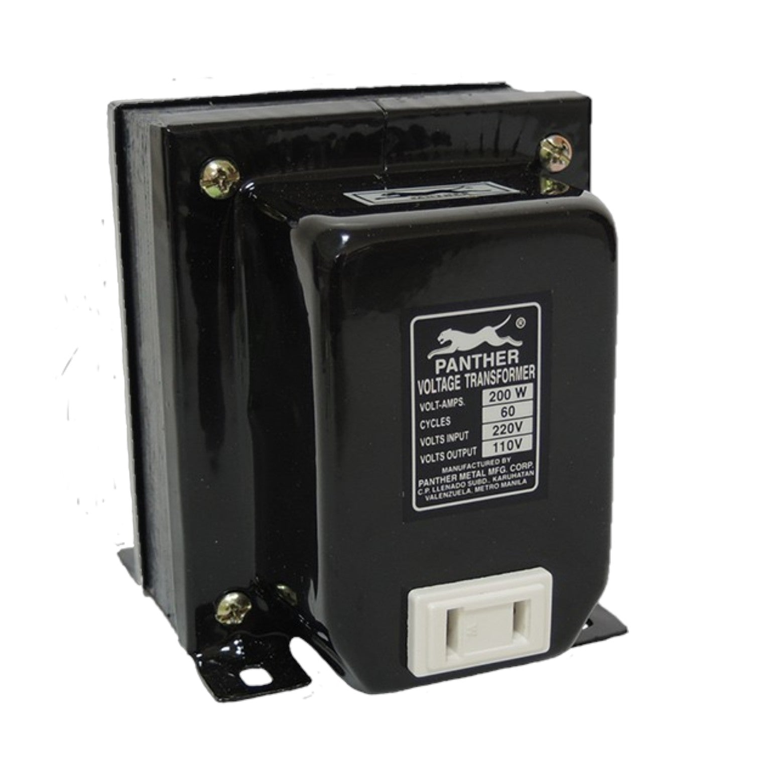 A black Panther Voltage Transformer with a white plastic connector block and a black label showing specifications, photographed on a white background.