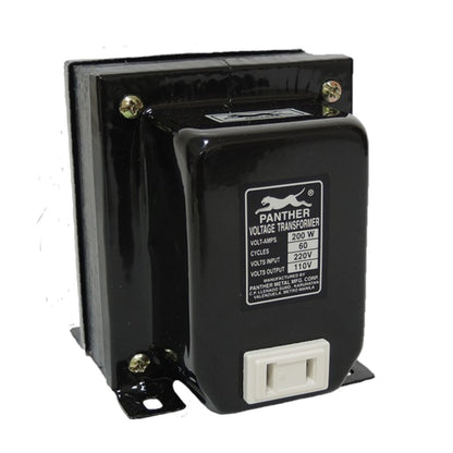 A black Panther Voltage Transformer with a white plastic connector block and a black label showing specifications, photographed on a white background.