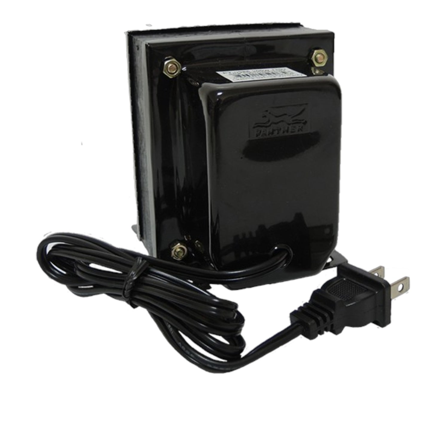 A black rectangular electrical transformer or power supply with attached black power cord and plug, shown on a plain white background.