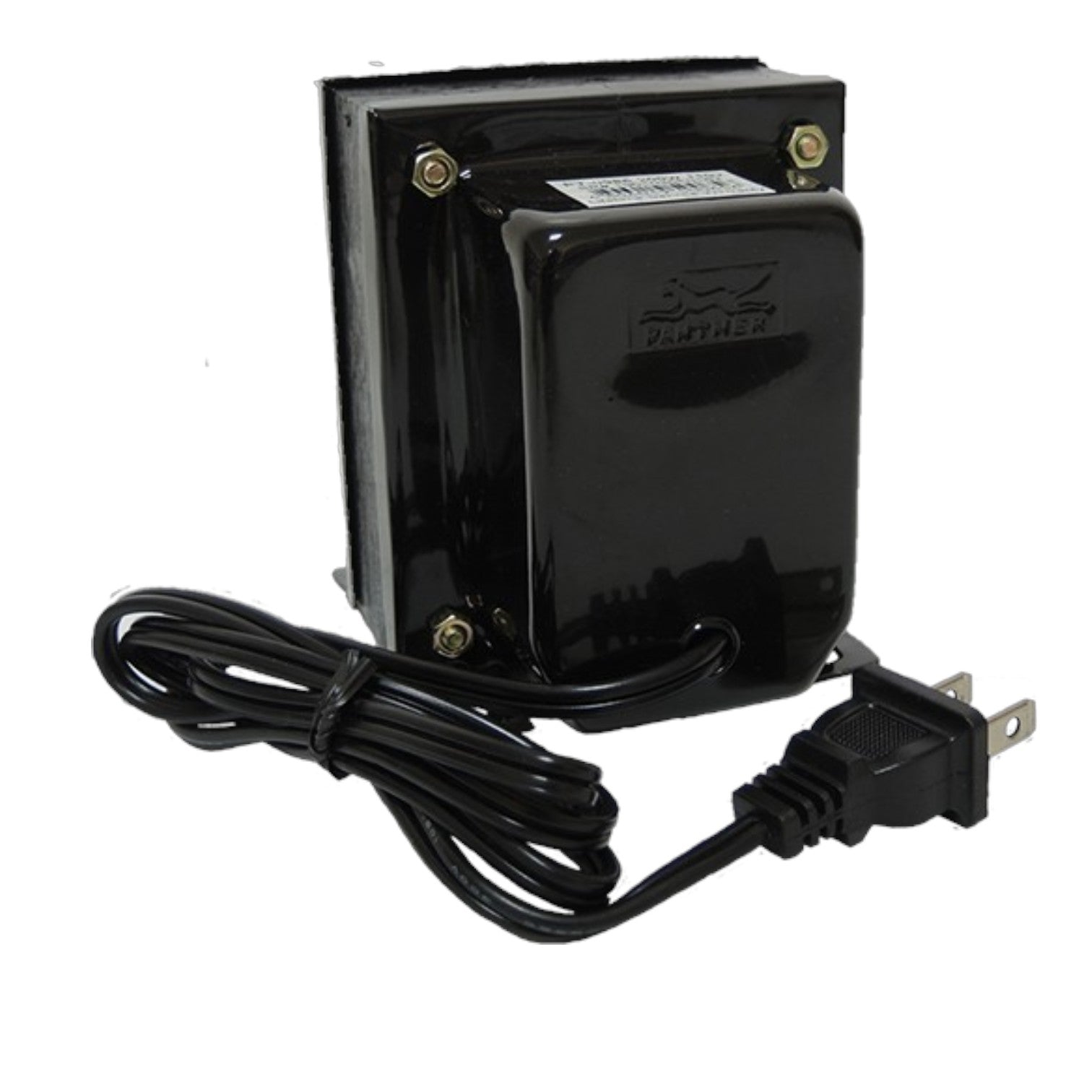 A black rectangular electrical transformer or power supply with attached black power cord and plug, shown on a plain white background.