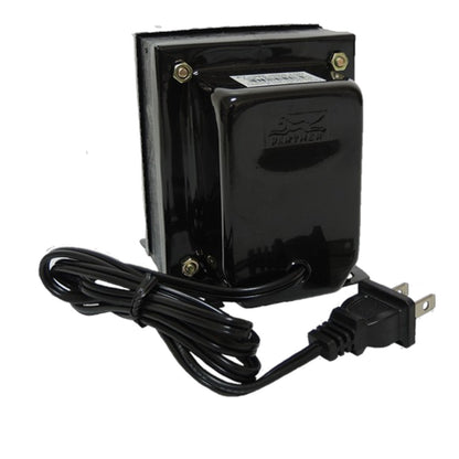 A black rectangular electrical transformer or power supply with attached black power cord and plug, shown on a plain white background.