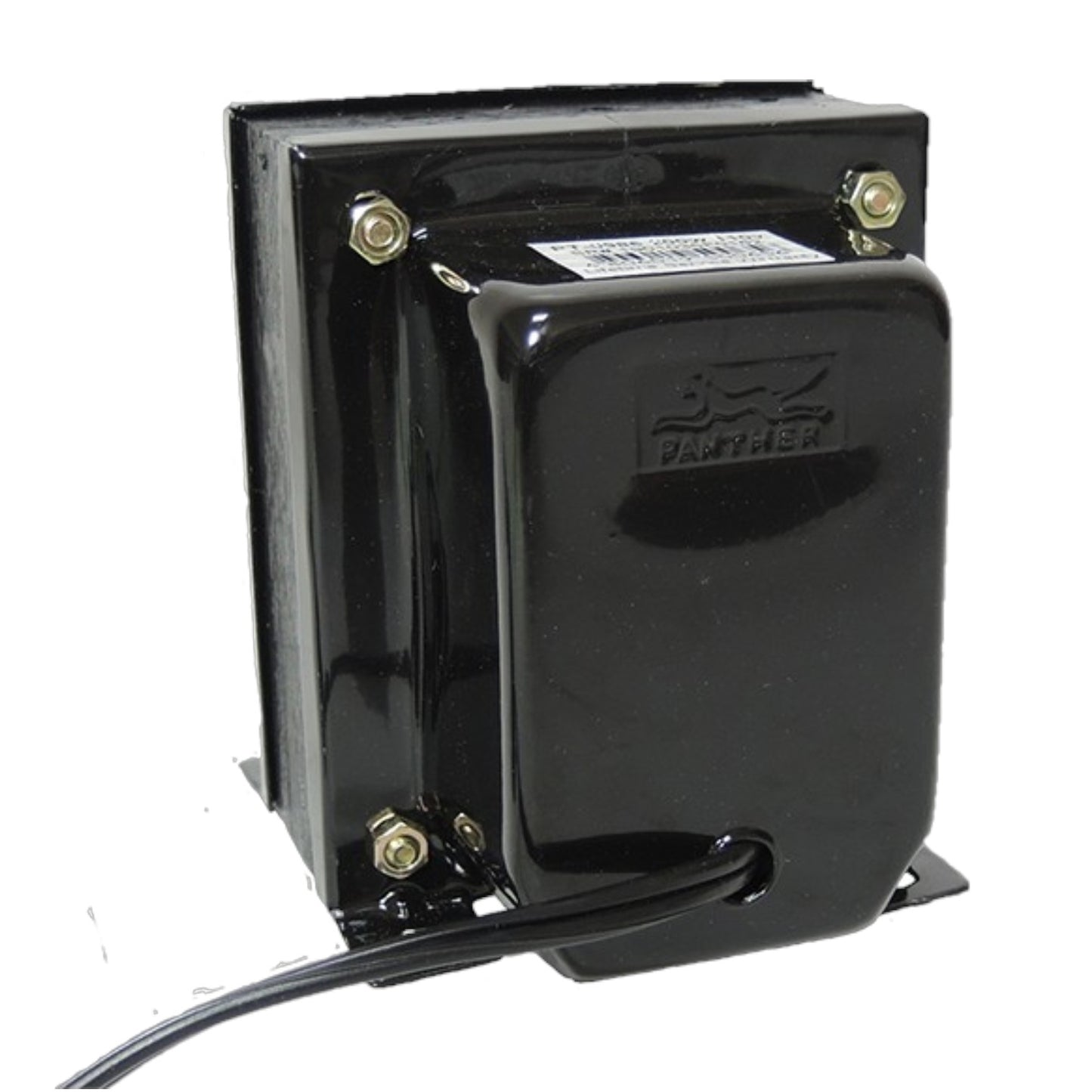 A black industrial transformer with a glossy finish, featuring brass-colored mounting screws and a white label on the front, with a black power cord extending from the bottom left. The brand name 'PANTHER' is embossed on the front face.