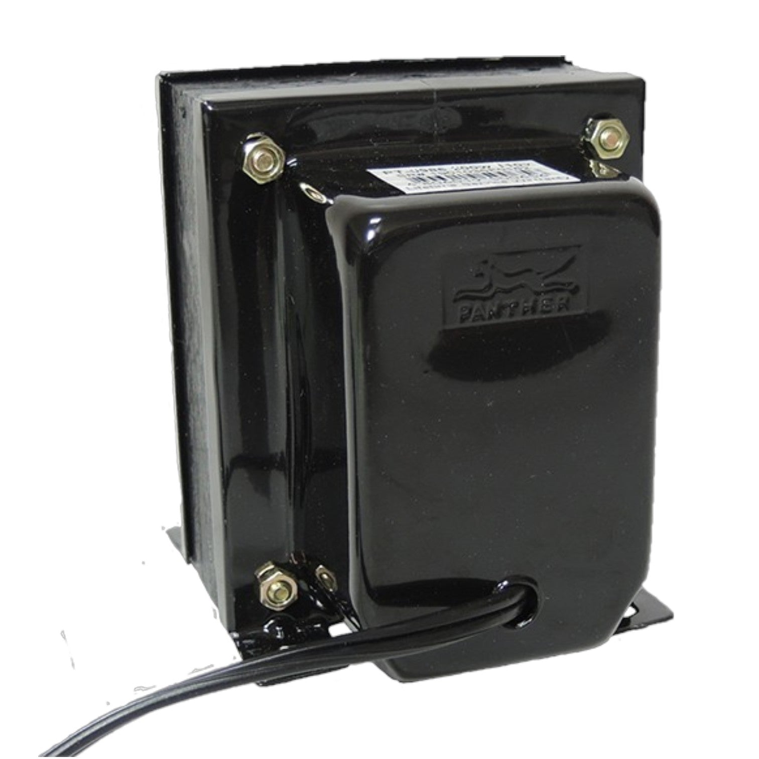 A black industrial transformer with a glossy finish, featuring brass-colored mounting screws and a white label on the front, with a black power cord extending from the bottom left. The brand name 'PANTHER' is embossed on the front face.