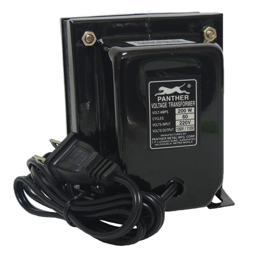 A black Panther brand voltage transformer with a coiled black power cord, shown on a plain white background.