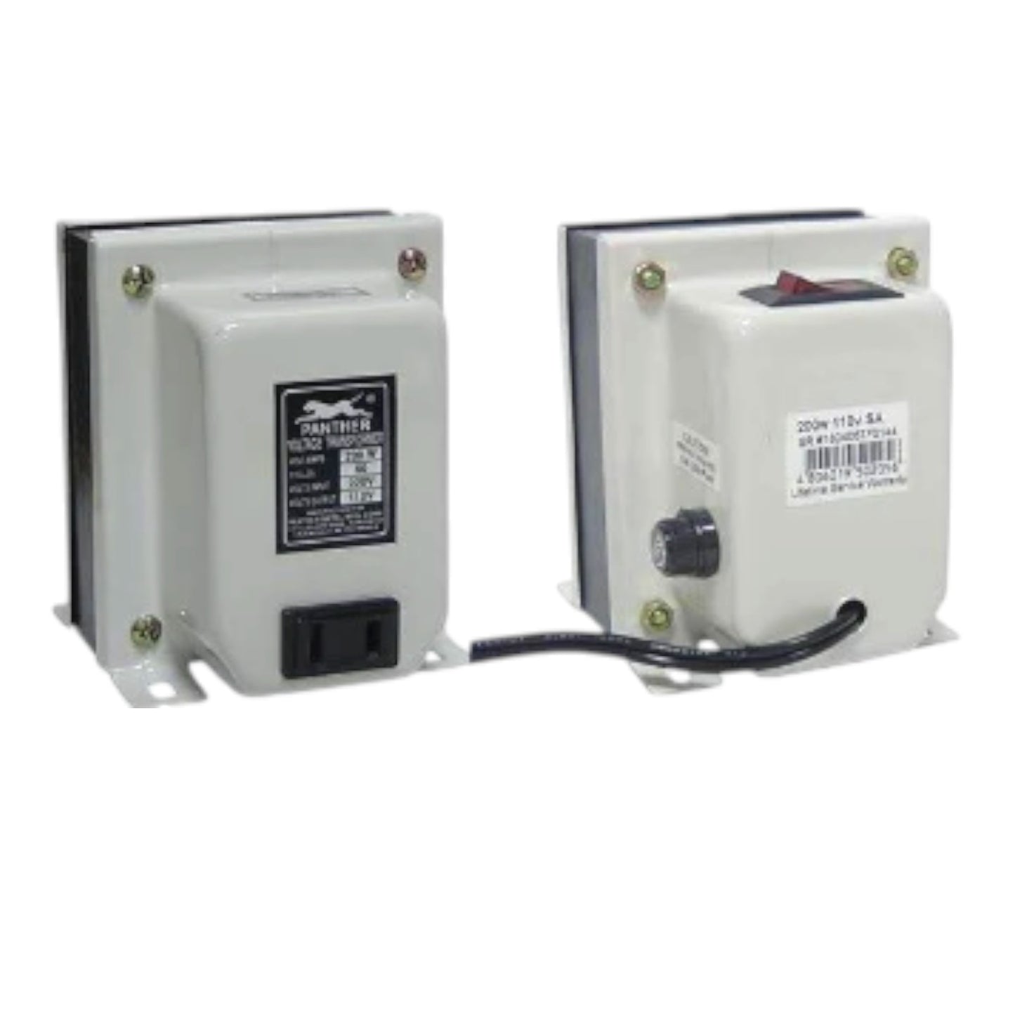 Two industrial electrical transformers with white metal enclosures, shown side by side against a plain white background. One features a black power outlet on the front, and the other has a black rotary switch and a black cable running between them.