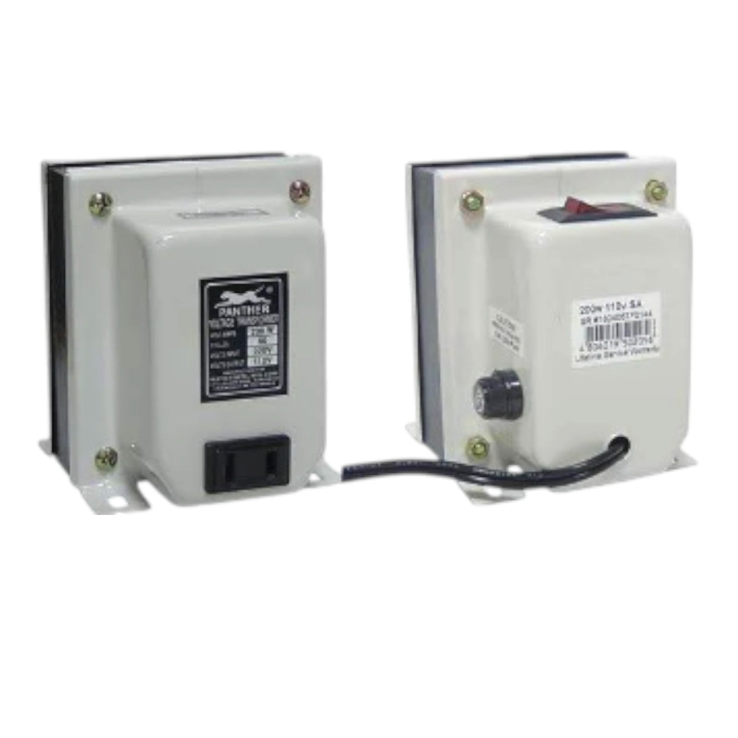 Two industrial electrical transformers with white metal enclosures, shown side by side against a plain white background. One features a black power outlet on the front, and the other has a black rotary switch and a black cable running between them.