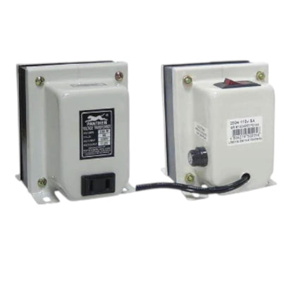 Two industrial electrical transformers with white metal enclosures, shown side by side against a plain white background. One features a black power outlet on the front, and the other has a black rotary switch and a black cable running between them.