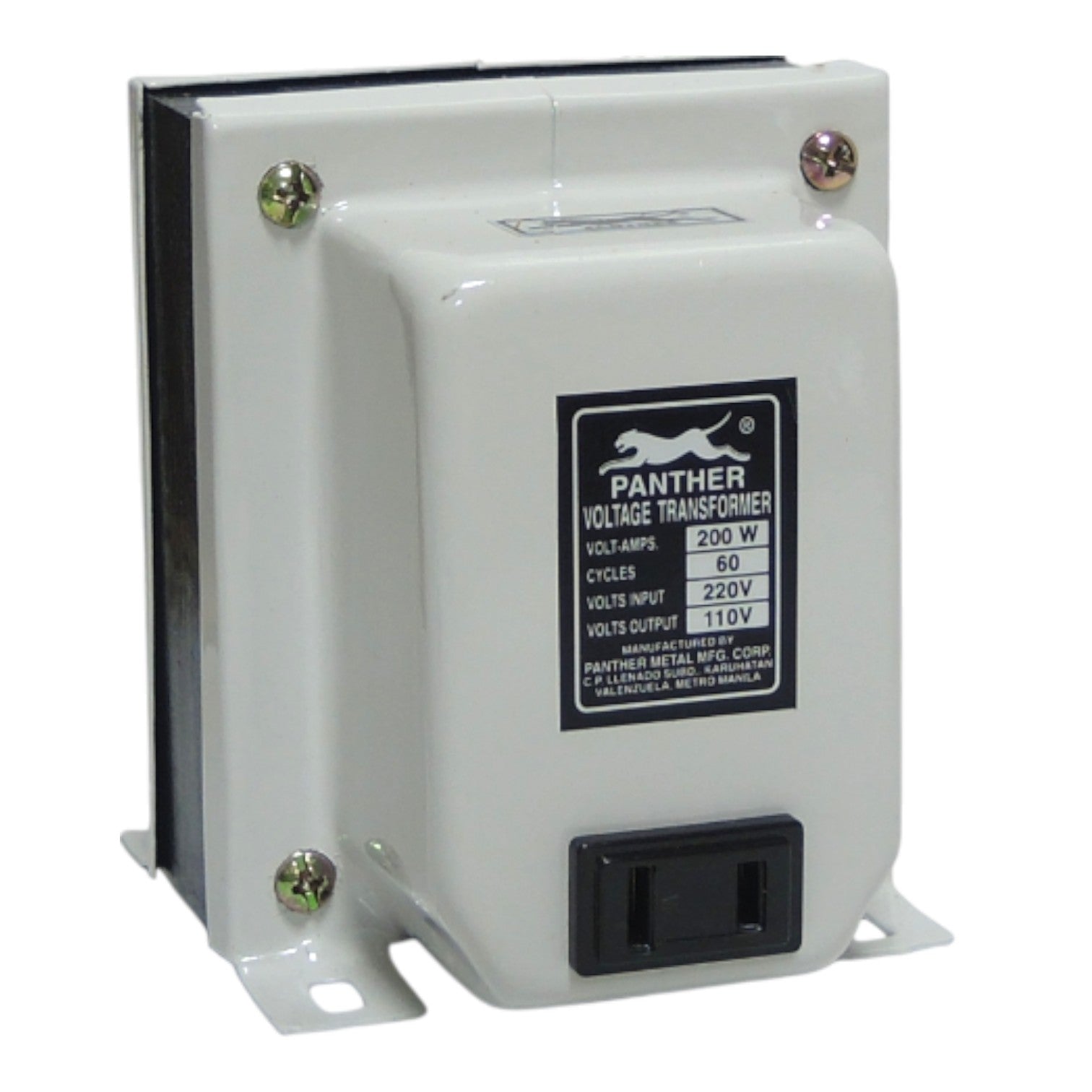 A Panther brand voltage transformer with a white metal casing, black mounting brackets, and a black power outlet on the front face, shown against a plain white background.