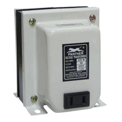 A Panther brand voltage transformer with a white metal casing, black mounting brackets, and a black power outlet on the front face, shown against a plain white background.