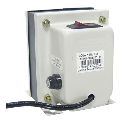 A white electrical transformer or power supply with a red switch, black cable, and control knob, shown on a white background.