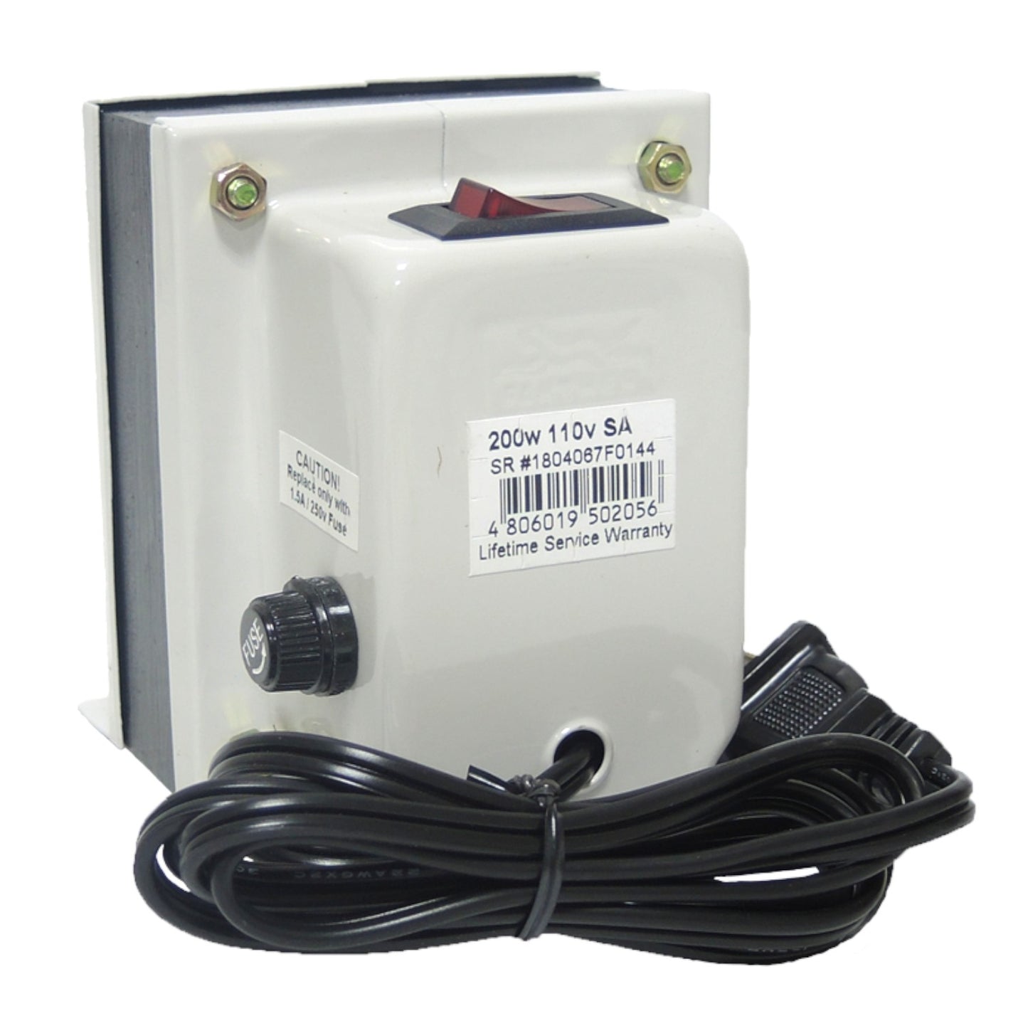 A white electrical power supply or transformer with a black power cord, featuring a red rocker switch, a black dial, and a product label on a white background.