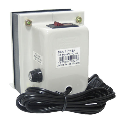 A white electrical power supply or transformer with a black power cord, featuring a red rocker switch, a black dial, and a product label on a white background.