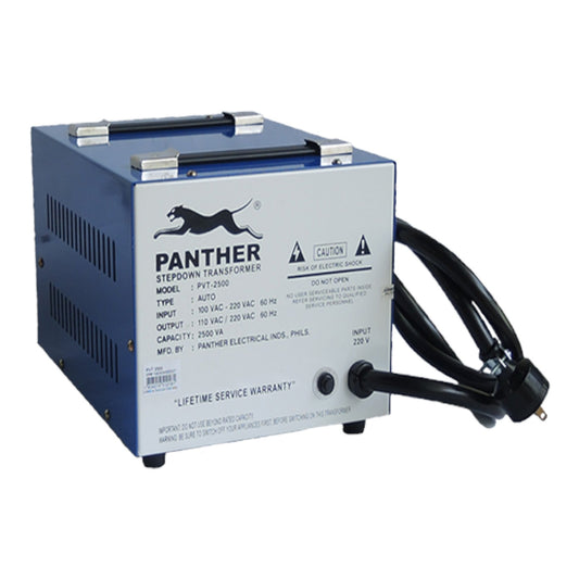 A Panther stepdown transformer electrical device with a blue metal casing, a silver front label, black cords, and a power plug, shown on a plain white background.