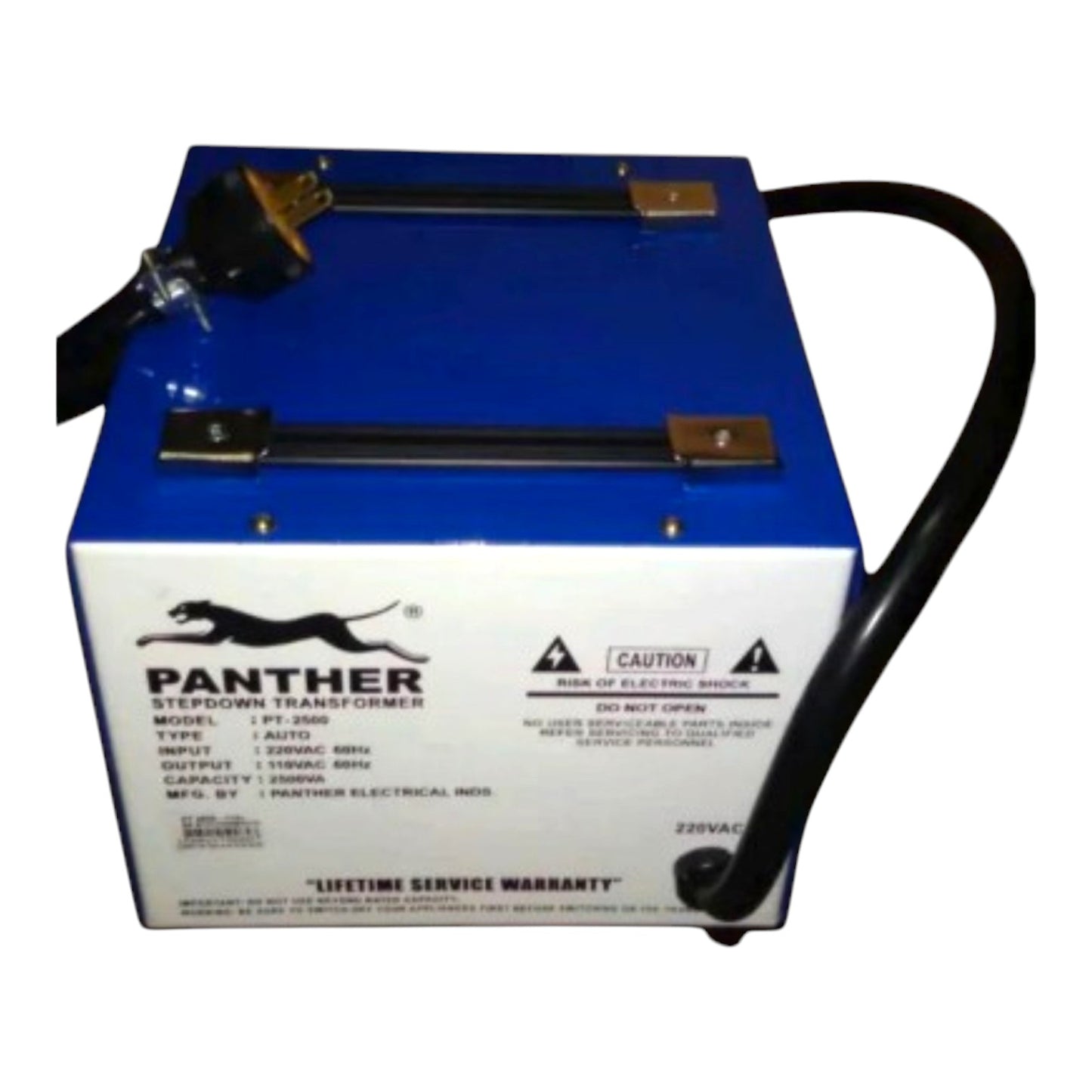 A Panther brand step-down transformer battery with a blue top, white front label, black cable, and metal terminal connectors on a white background.