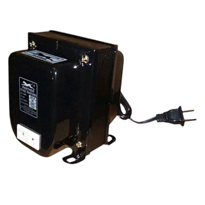 A black electrical transformer with a power cord and plug, shown on a plain white background.