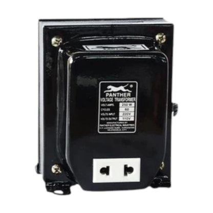 A black Panther Voltage Transformer with a glossy finish, featuring a white label with specifications and a white socket on the front face, set against a plain white background.