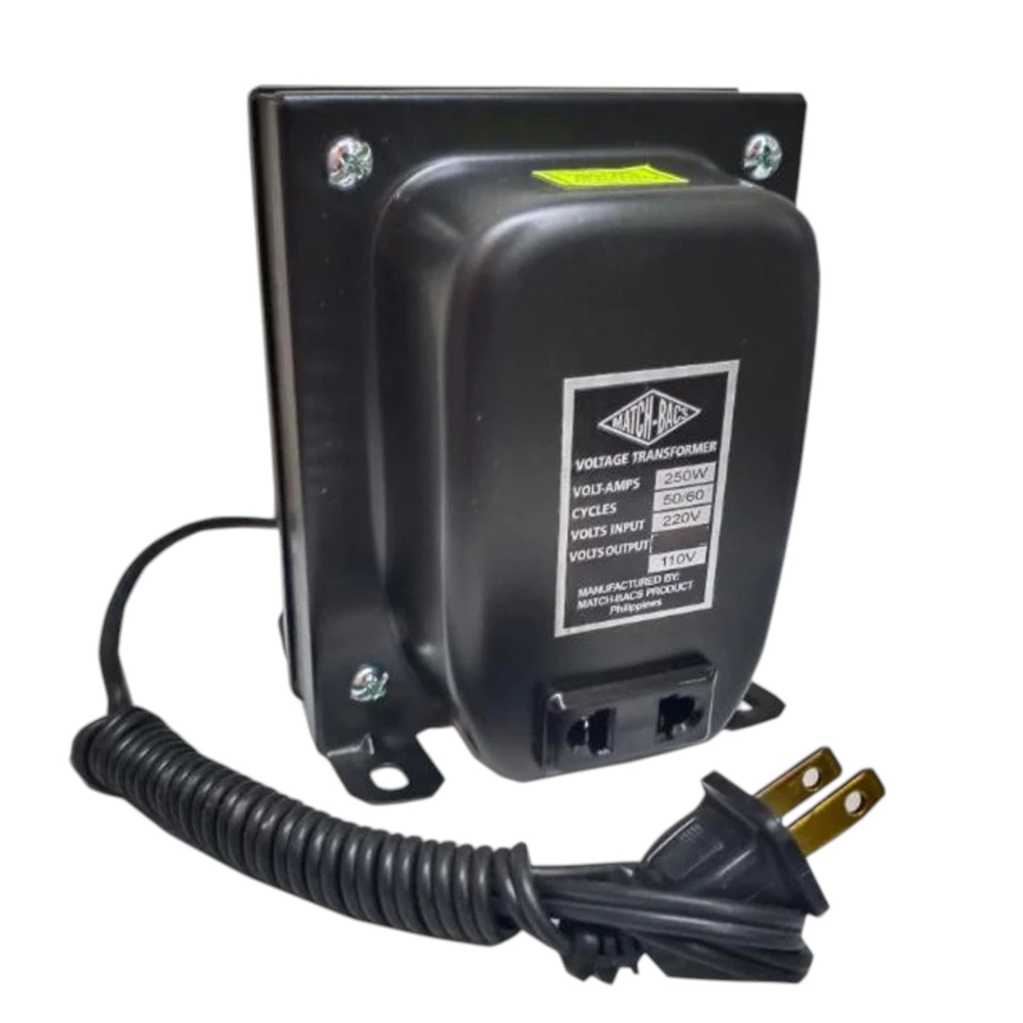 A black industrial voltage transformer with a coiled power cord and a three-pronged plug, shown on a plain white background.