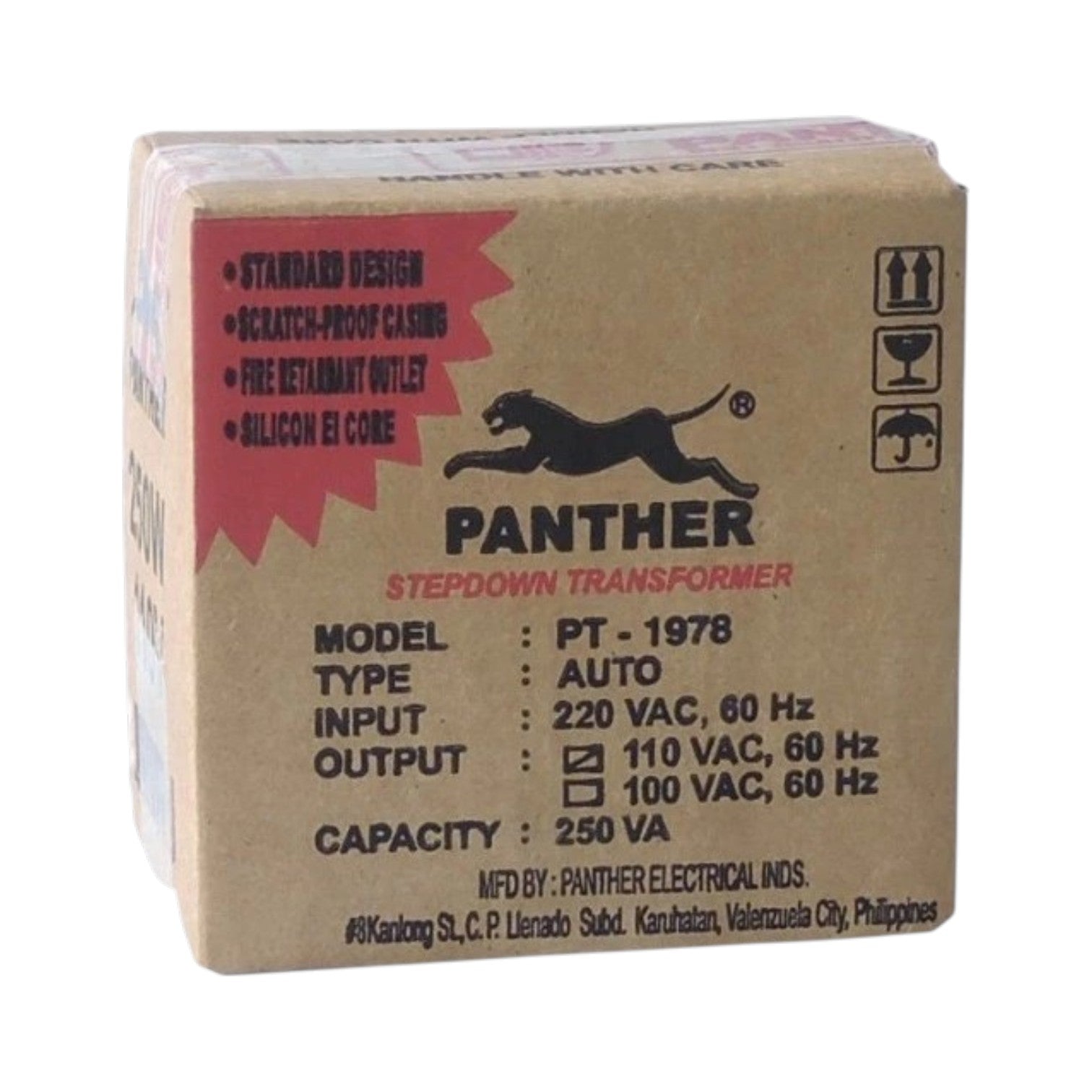 A brown cardboard box for a Panther Electrical PT-1978 stepdown transformer, featuring a black panther logo and technical specifications printed on the front.
