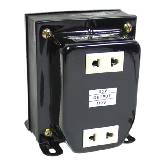 A glossy black electrical transformer with dual US-style wall outlets on the front, labeled '100 V OUTPUT 110 V' on a white sticker, photographed against a plain white background.
