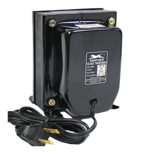 A black Panther 12V/24V transformer with a coiled power cord and a white product label on the front, shown against a plain white background.