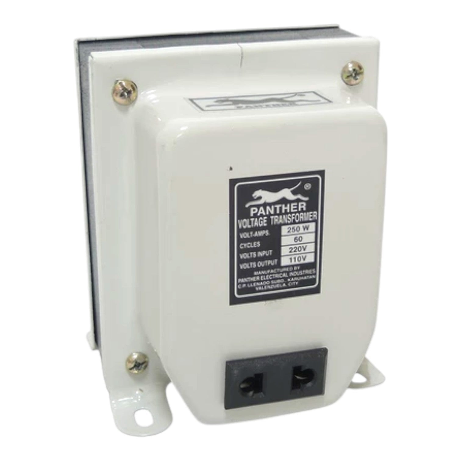 A white Panther brand voltage transformer with a black label, mounting brackets, and two electrical outlets on the front, shown against a plain white background.