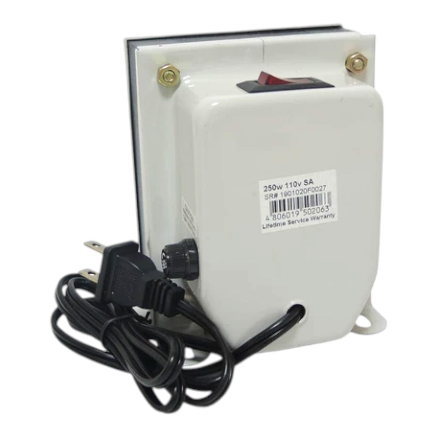 A white electrical power supply or transformer with a black power cord, a red switch, and a product label on a white background.