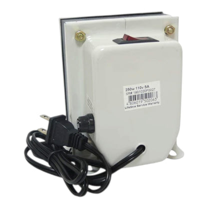 A white electrical power supply or transformer with a black power cord, a red switch, and a product label on a white background.