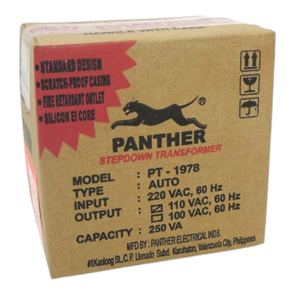 A brown cardboard box for a Panther Stepdown Transformer, model PT-1978. The box features a red starburst on the left with black text, a black Panther logo in the center, and technical specifications on the front and side.