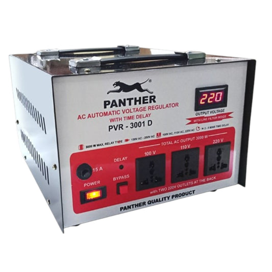 P Panther PVR-3001 D AC Automatic Voltage Regulator with Time Delay, featuring a silver metal casing, a red front panel with multiple outlets, and a digital output voltage display showing 220.