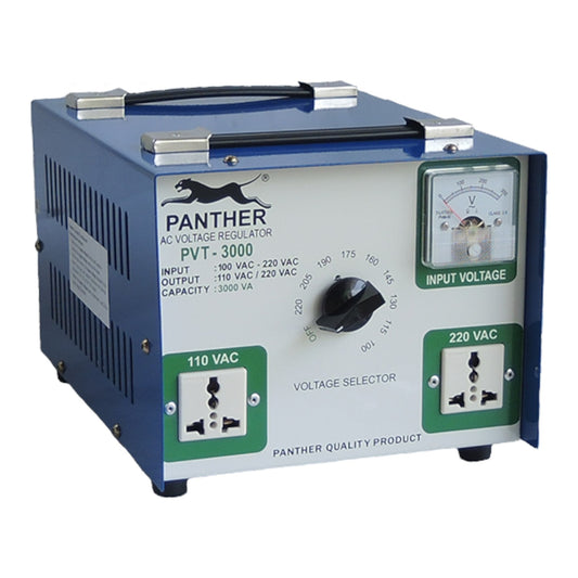 A blue and white Panther PVT-3000 AC Voltage Regulator with a black handle, front-facing control dial, and green-labeled input and output sockets on a white background.