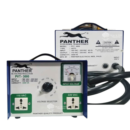 Panther PVT-3000 step-down transformer AC voltage regulator shown with its front control panel and rear metal housing on a white background.
