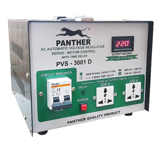Panther PVS-3001 D AC Automatic Voltage Regulator with servo-motor control, featuring a silver metal casing, a green front panel with multiple electrical outlets, a circuit breaker, and a digital output voltage display.
