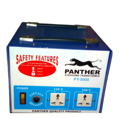 A blue and white Panther Stepdown Transformer PT-3000 electrical device with a handle on top, featuring safety features text, a circuit breaker switch, and dual 110V outlet icons on the front panel.