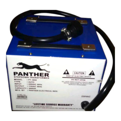 A blue and white Panther Stepdown Transformer electrical device with a black cable attached, shown against a plain white background.