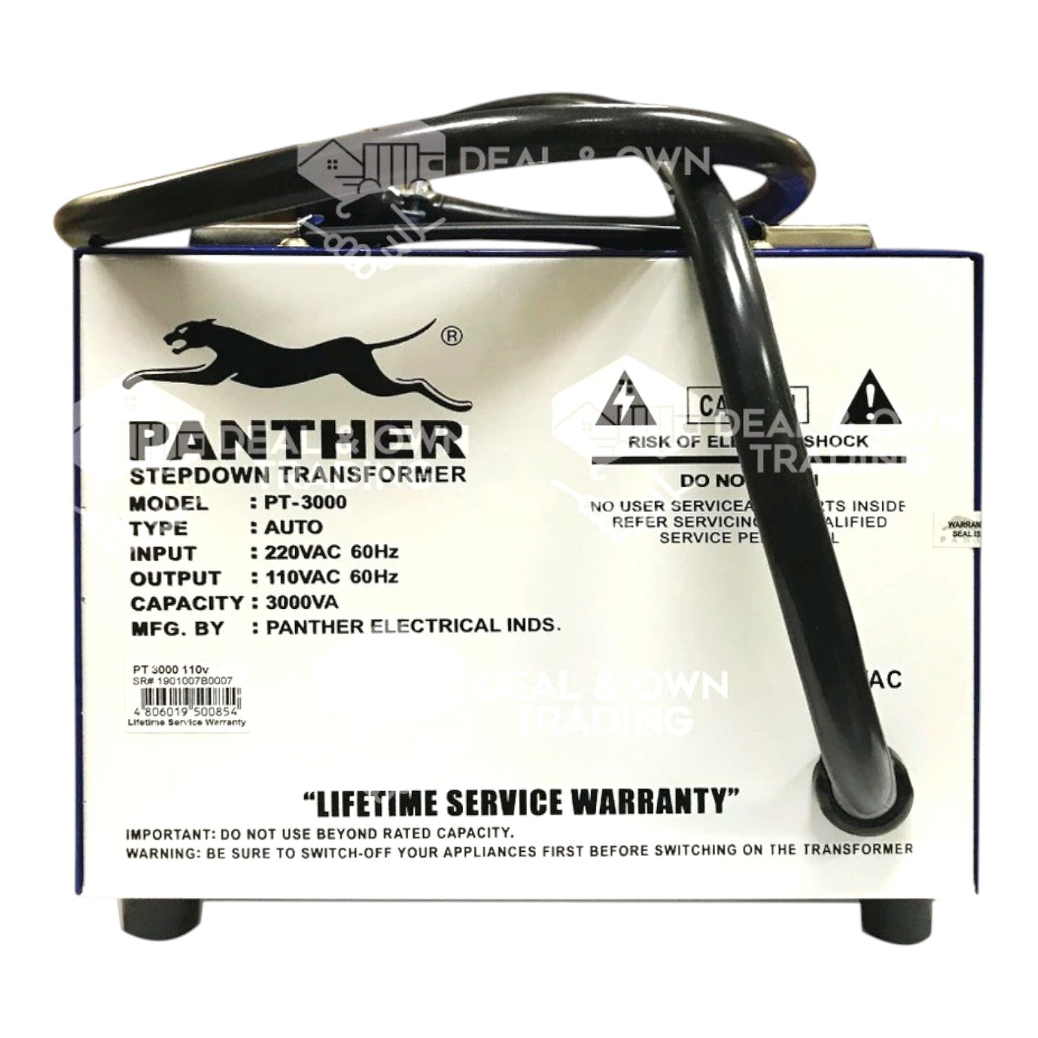 A Panther Stepdown Transformer (PT-3000) with a white faceplate, black handle, and black power cord, shown against a plain white background.