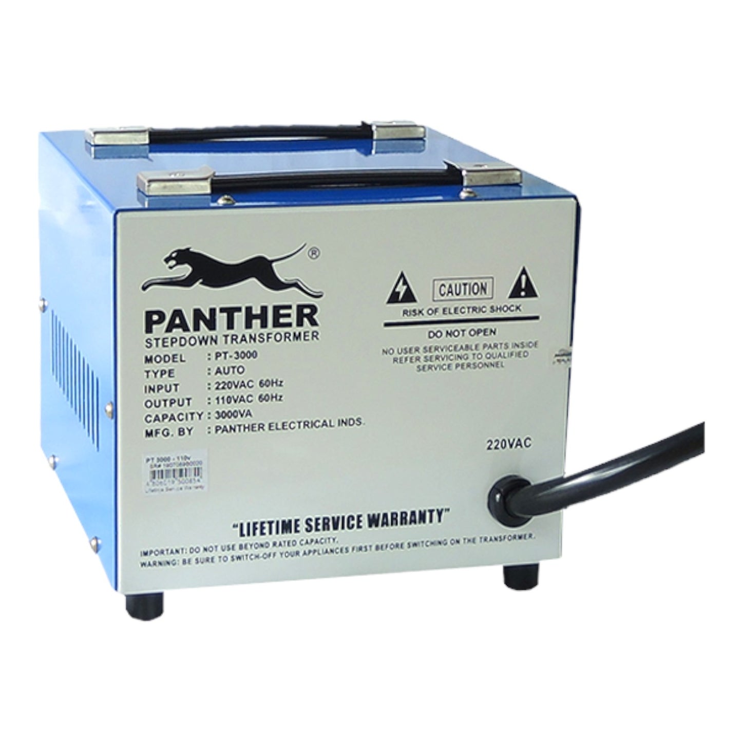 A Panther Stepdown Transformer electrical device with a blue top and silver-gray front panel, featuring a black handle, power cord, and printed specifications and warning labels.